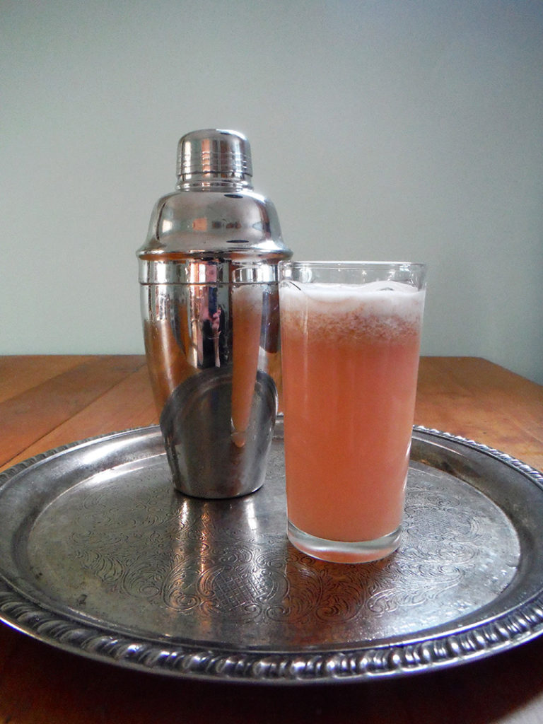 Rhubarb Gin Fizz in tumbler with alongside shaker. 