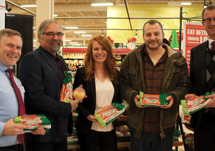 L-R: Jeff Jenkins, Sobeys store manager; David Mol, PEIFA; Kayla Nieuwhof, FFCPEI; Matt
Dykerman, Brookfield Gardens; Alan McIsaac, Minister of Agriculture and Fisheries